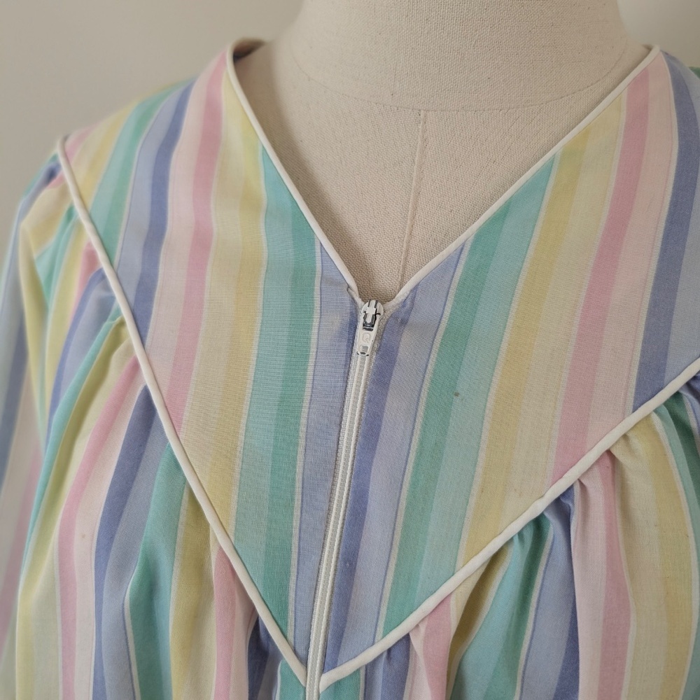 90's Striped Duster Pastel Wide Angel Sleeve Midi Zipper Front V-Neck 3/4 Maxi - Picture 9 of 12